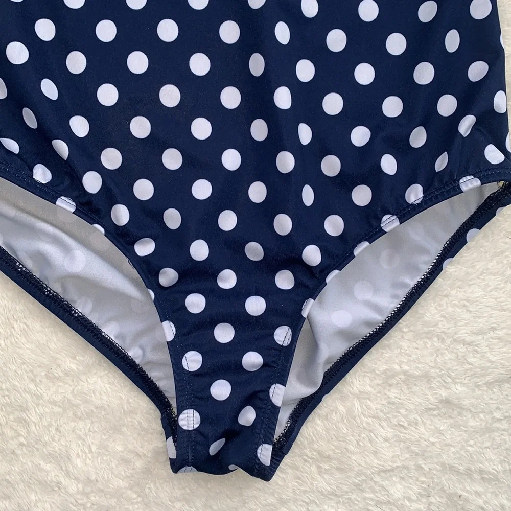 Land’s End Navy Polka Dot Rainbow Shoulder Swimsuit 10 EUC